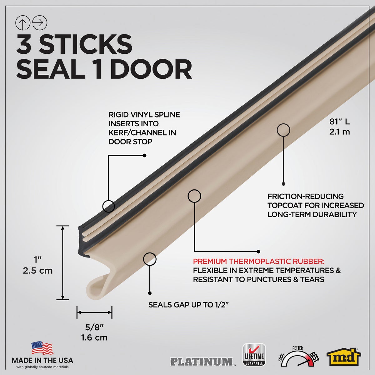 M-D Building Products 81 In. Premium Rubber PLATINUM Top and Sides Door Seal for Doors with Kerf/Channel, Beige Image 2