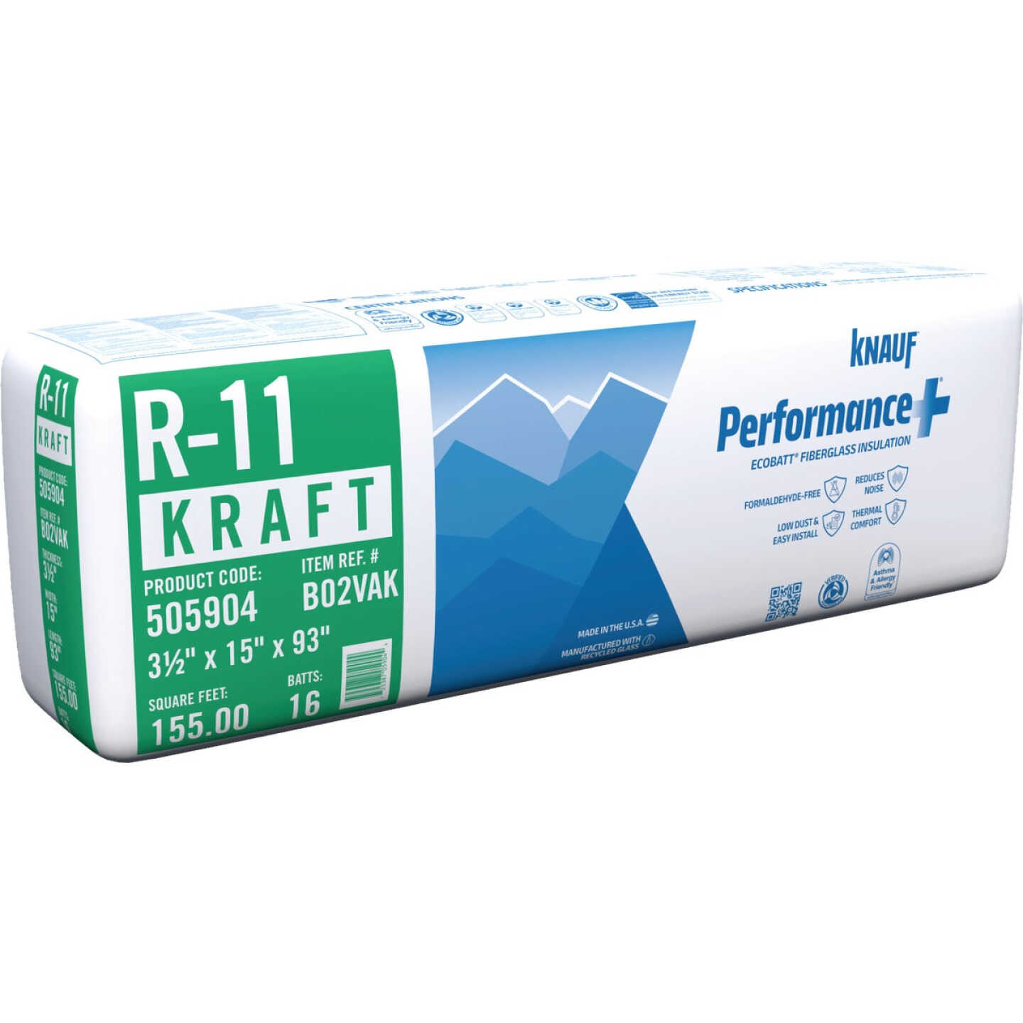 Knauf R-11 15 In. x 93 In. Kraft Faced Batt Fiberglass Insulation Image 1