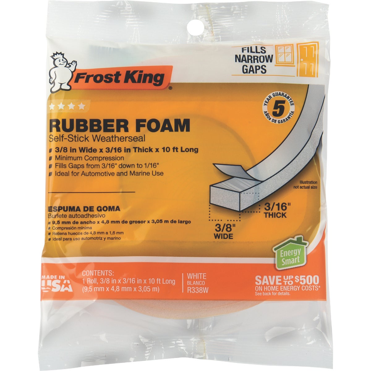 Frost King 3/8 In. W x 3/16 In. T x 10 Ft. L White Rubber Foam Weatherstrip Tape Image 7