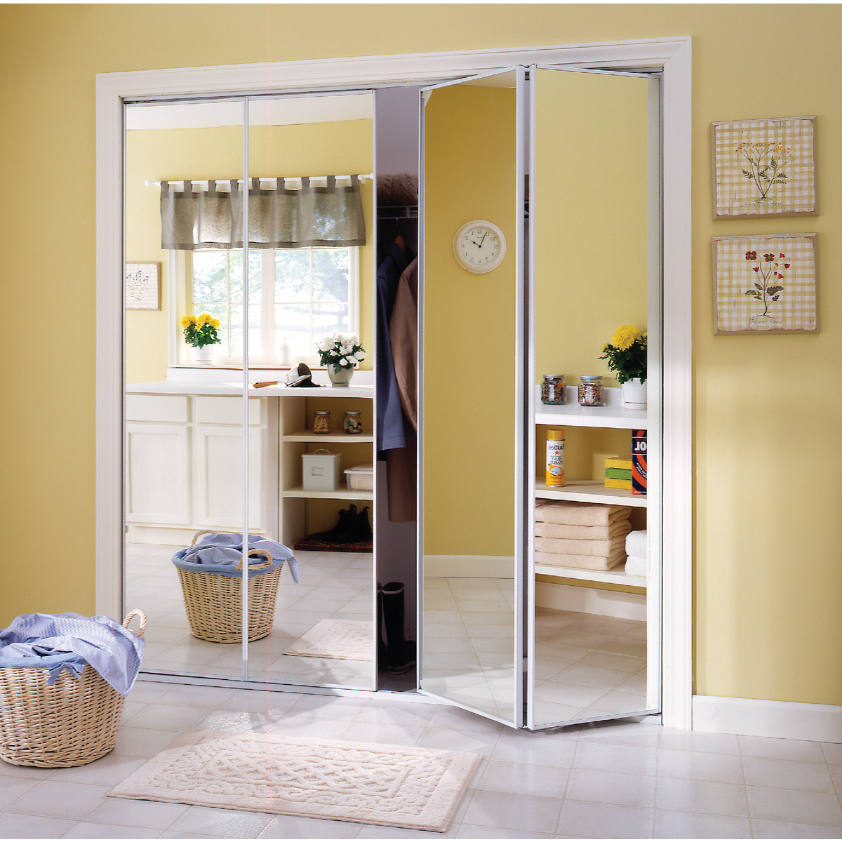 Erias Series 4400 30 In. W. x 80-1/2 In. H. Steel Frame Mirrored White Bifold Door