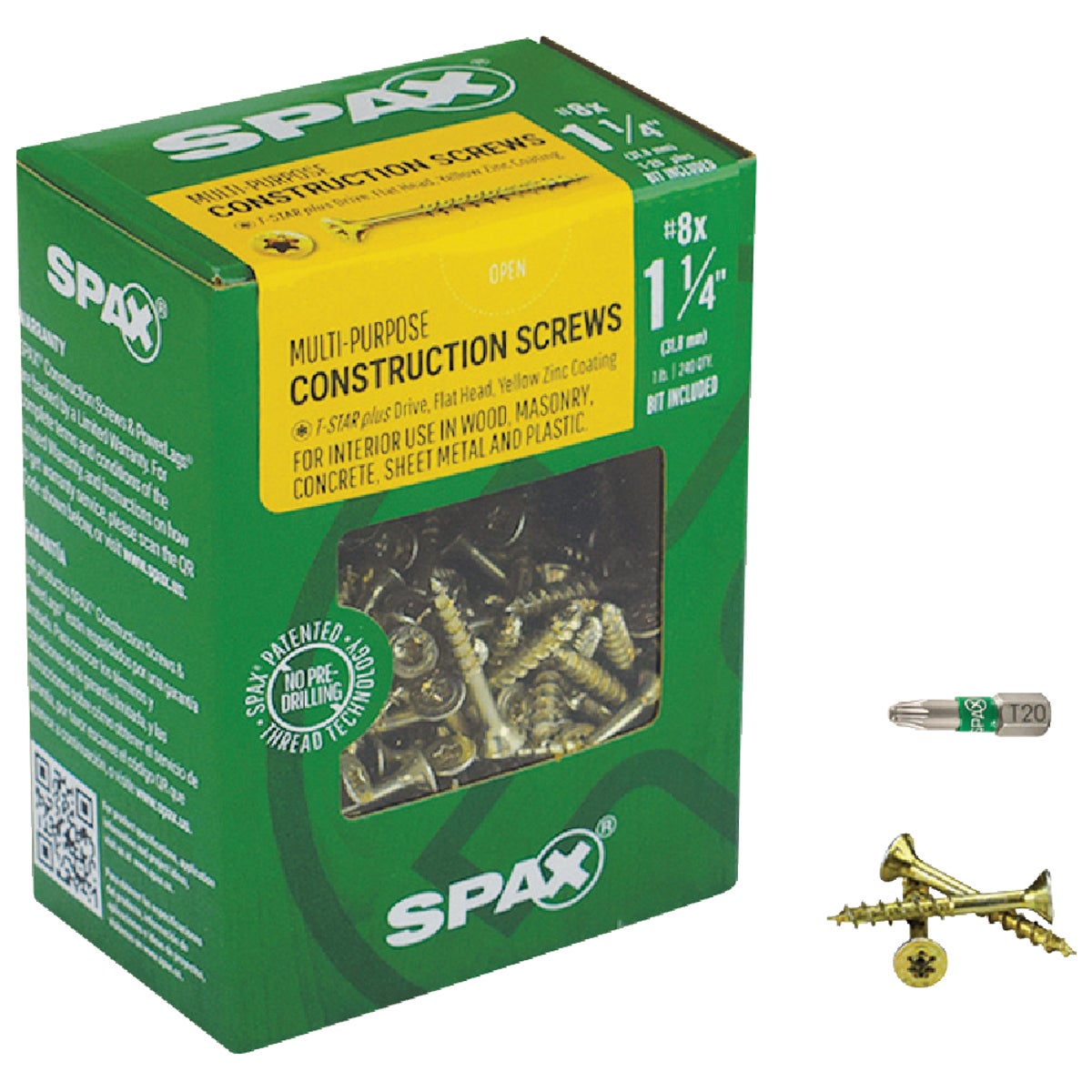 SPAX #8 x 1-1/4 In. T20 Plus Flat Head Yellow Zinc (Interior) Wood Screw (240-Count)