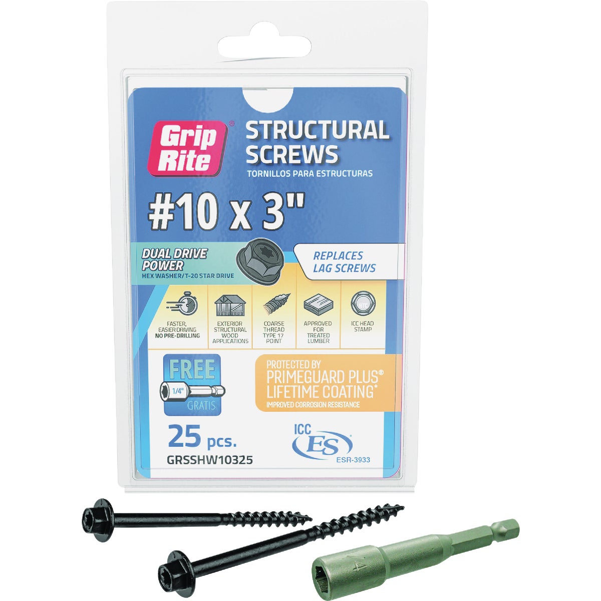 Grip-Rite PrimeGuard Plus #10 x 3 In. Hex Washer Head Structural Screw (25-Count) Image 1