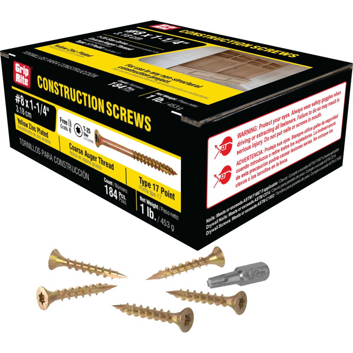 Grip-Rite 1-1/4 In. x 8 ga Star Drive Dual Flat Head Coarse Thread Yellow Zinc Coated General Construction Screw (1 Lb.) Image 1