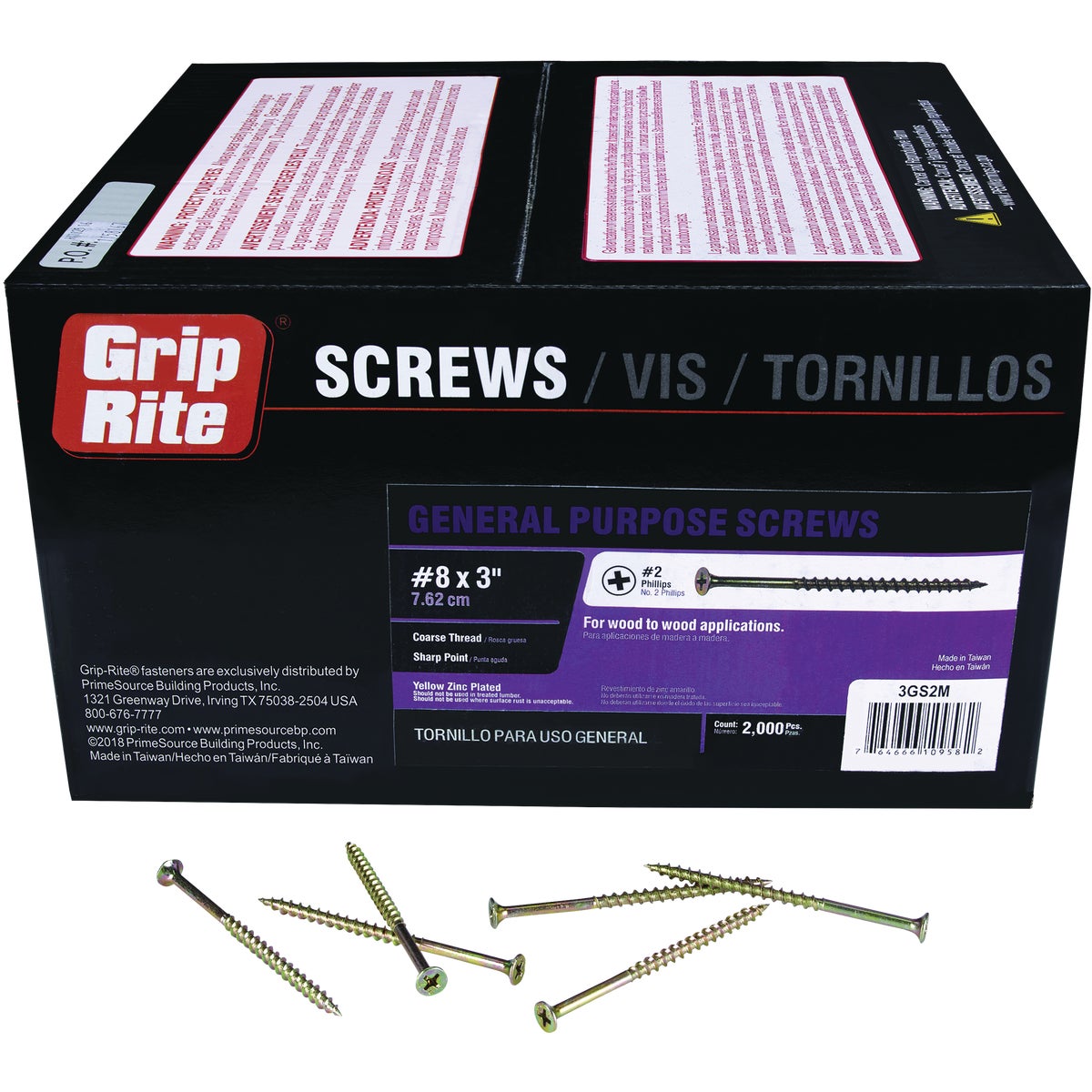 Grip-Rite 3 In. x 8 ga #2 Phillips Coarse Thread Bugle Head Yellow Zinc Plated General Purpose Screw (2000-Count)