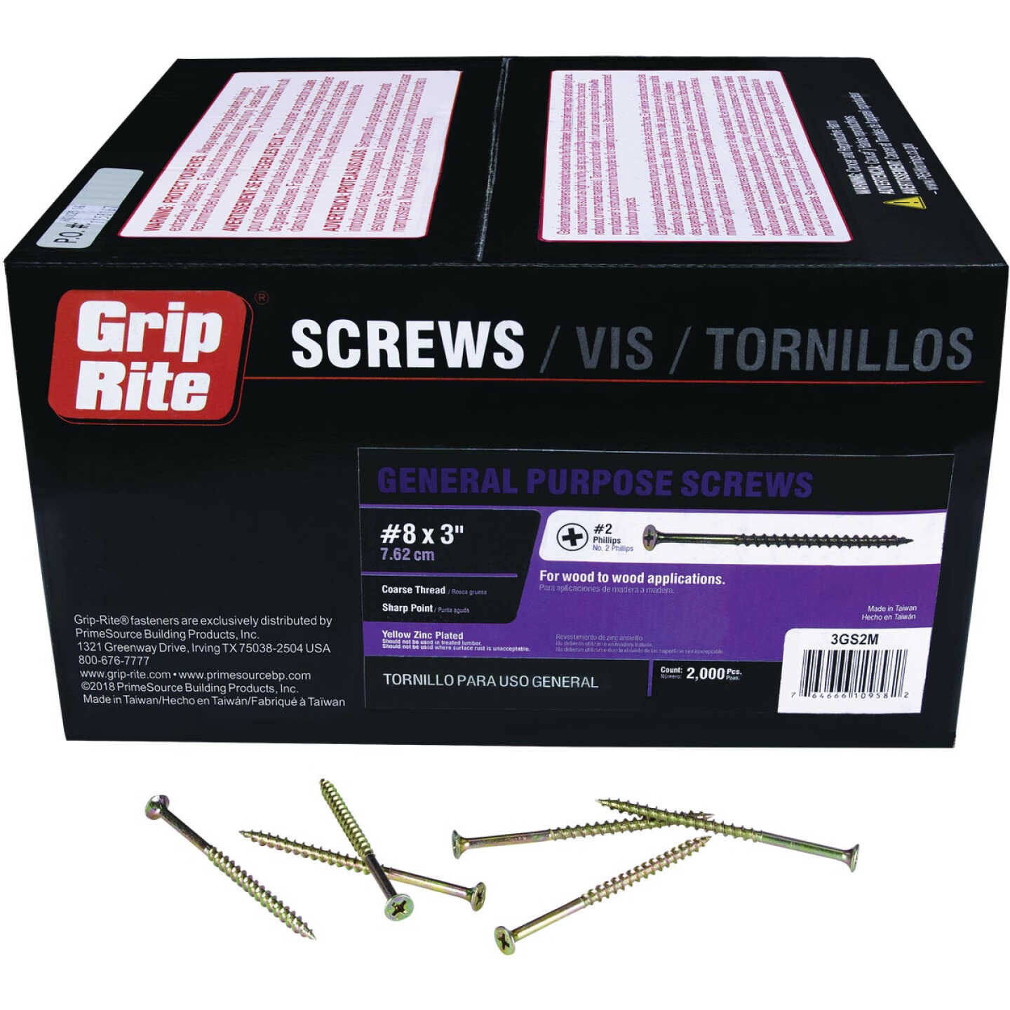 Grip-Rite 3 In. x 8 ga #2 Phillips Coarse Thread Bugle Head Yellow Zinc Plated General Purpose Screw (2000-Count) Image 1