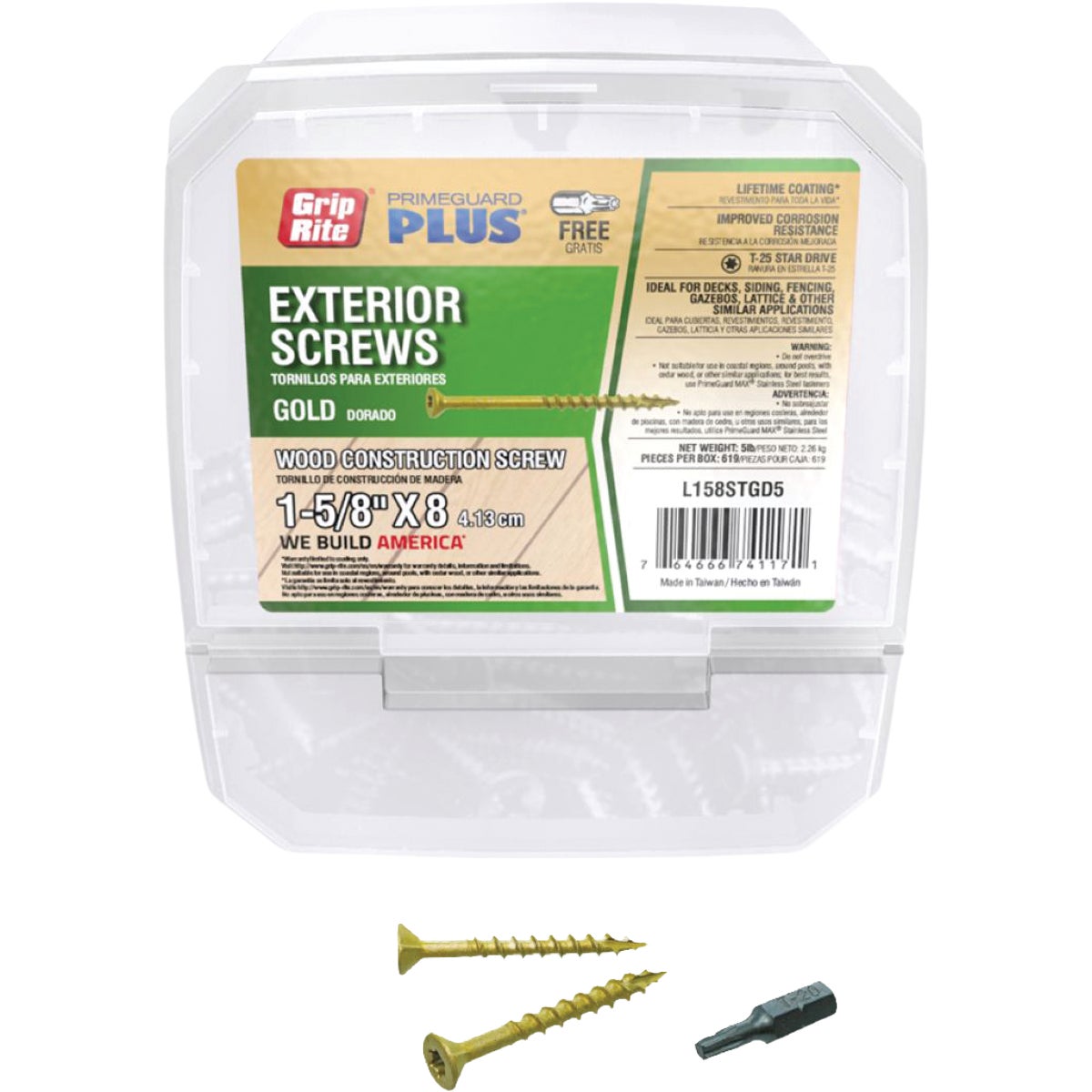 Grip-Rite PrimeGuard Plus 1-5/8 In. x 8 ga T-20 Star Drive Bugle Head Coarse Thread Type 17 Point Gold Exterior Construction Screw (5 Lb.)