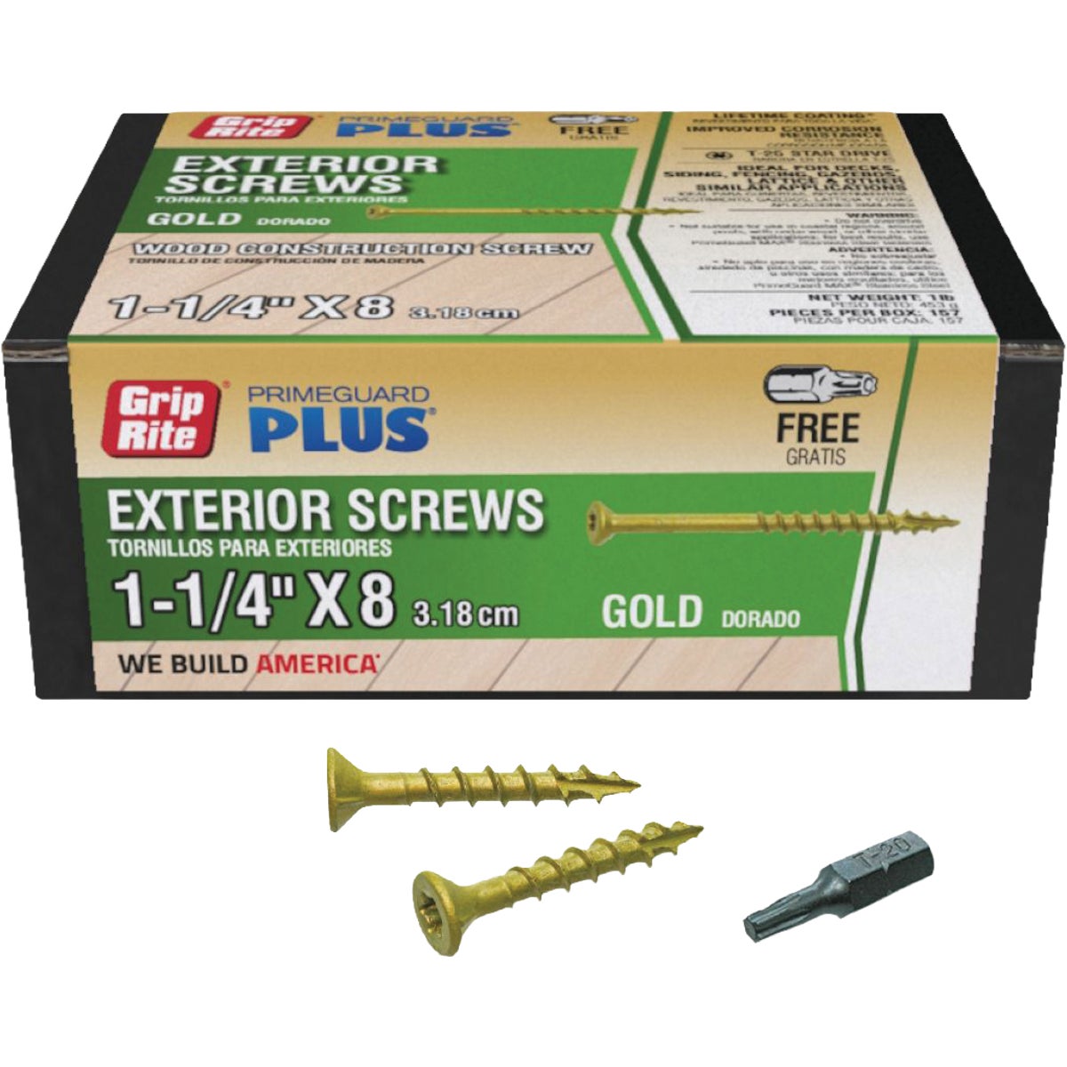 Grip-Rite PrimeGuard Plus 1-1/4 In. x 8 ga T-20 Star Drive Bugle Head Coarse Thread Type 17 Point Gold Exterior Construction Screw (1 Lb.)