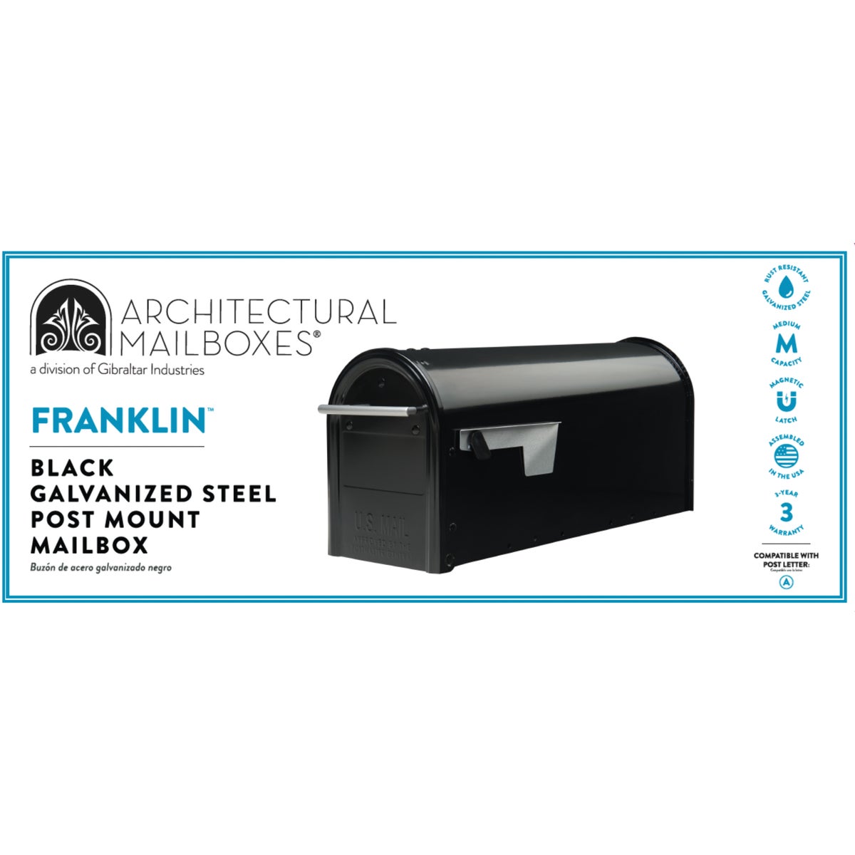 Gibraltar Franklin Black Steel Rural Post Mount Mailbox Image 4
