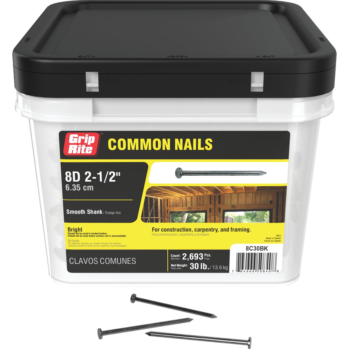 Grip-Rite 2-1/2 In. 8d x 10-1/4 ga Smooth Shank Bright Steel Common Nail (30 Lb.)