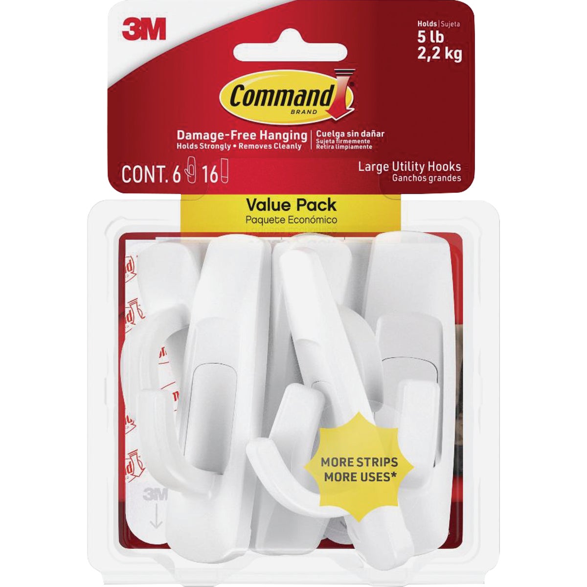 Command Large Utility Hook Value Pack, White, 6 Hooks, 16 Strips