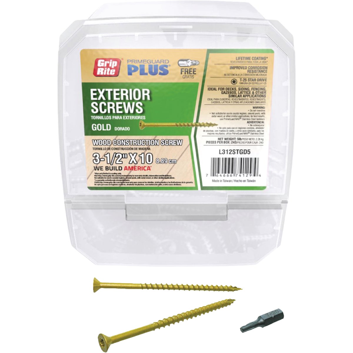 Grip-Rite PrimeGuard Plus 3-1/2 In. x 10 ga T-25 Star Drive Bugle Head Coarse Thread Type 17 Point Gold Exterior Construction Screw (5 Lb.)