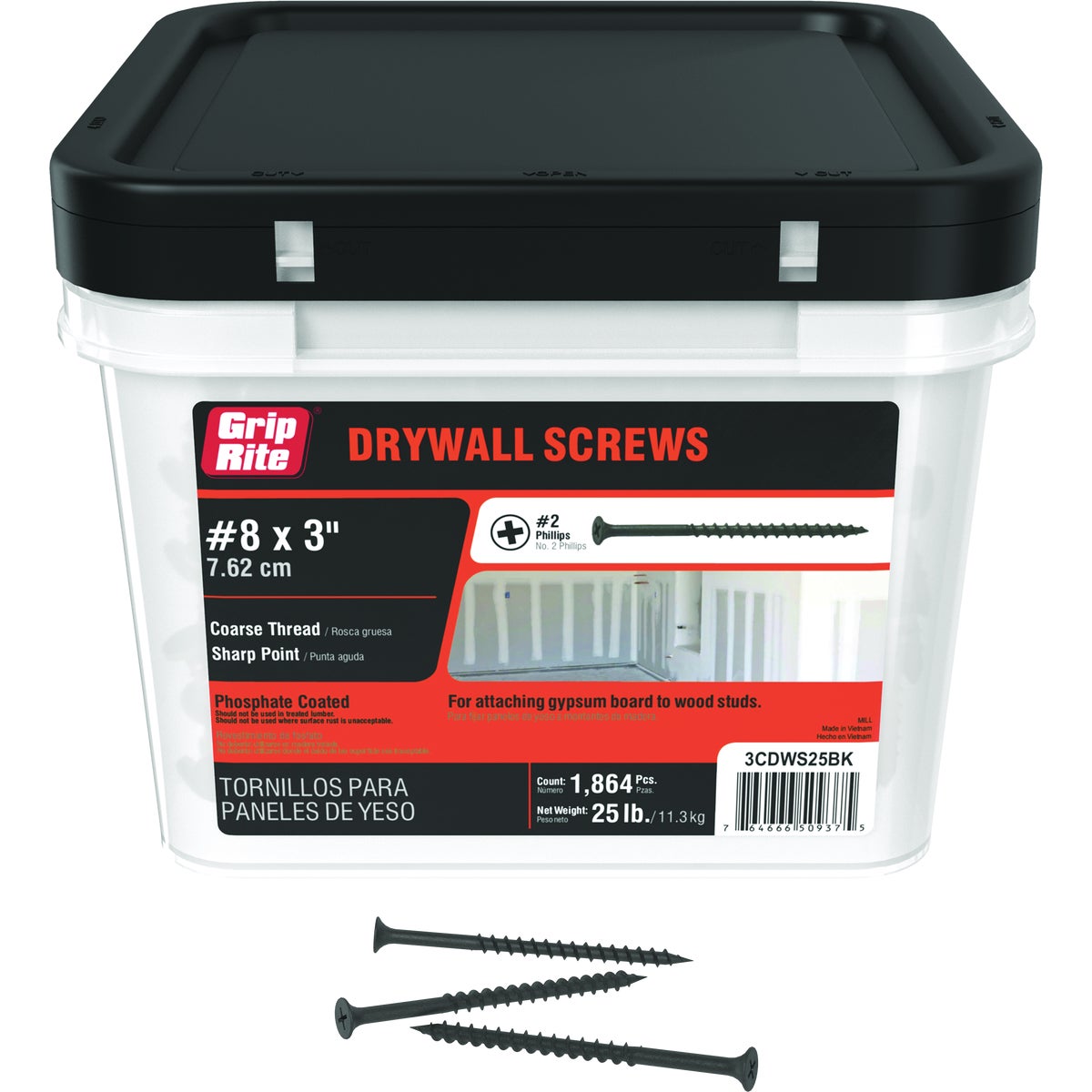 Grip-Rite 3 In. x 8 ga #2 Phillips Coarse Thread Bugle Head Phosphate Coated Drywall Screw (1864-Count)
