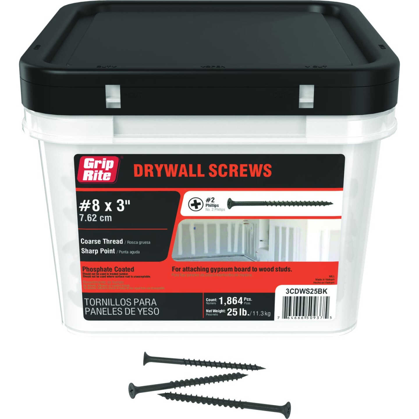 Grip-Rite 3 In. x 8 ga #2 Phillips Coarse Thread Bugle Head Phosphate Coated Drywall Screw (1864-Count) Image 1