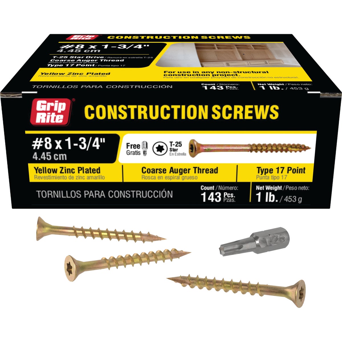 Grip-Rite 1-3/4 In. x 8 ga Star Drive Dual Flat Head Coarse Thread Yellow Zinc Coated General Construction Screw (1 Lb.)