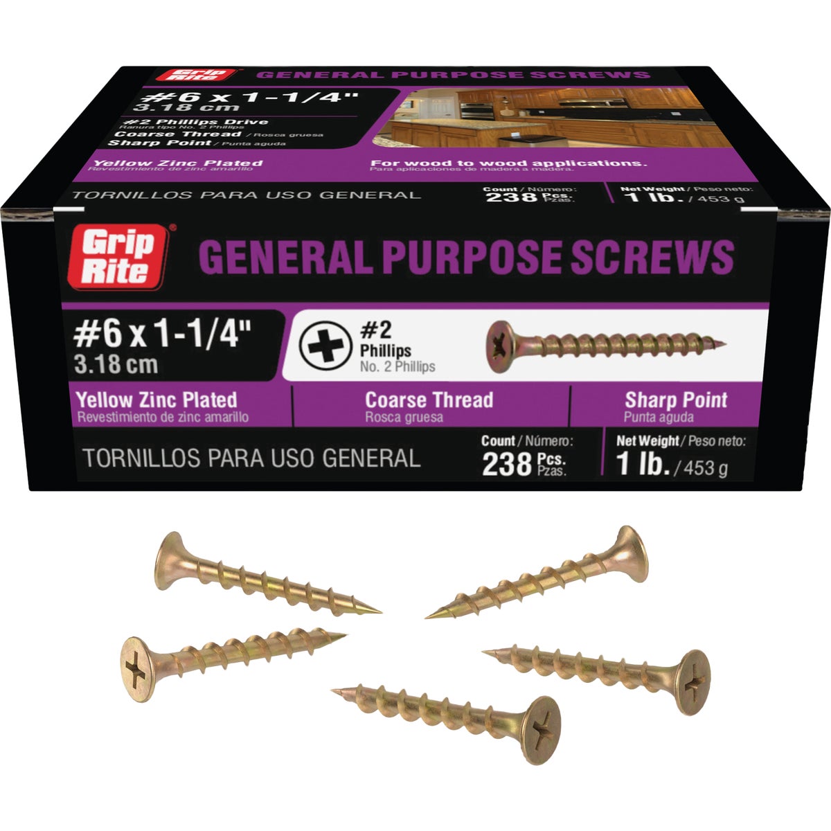 Grip-Rite #6 x 1-1/4 In. Coarse Thread Yellow Zinc Multipurpose Drywall Screw (1 Lb.) Image 1