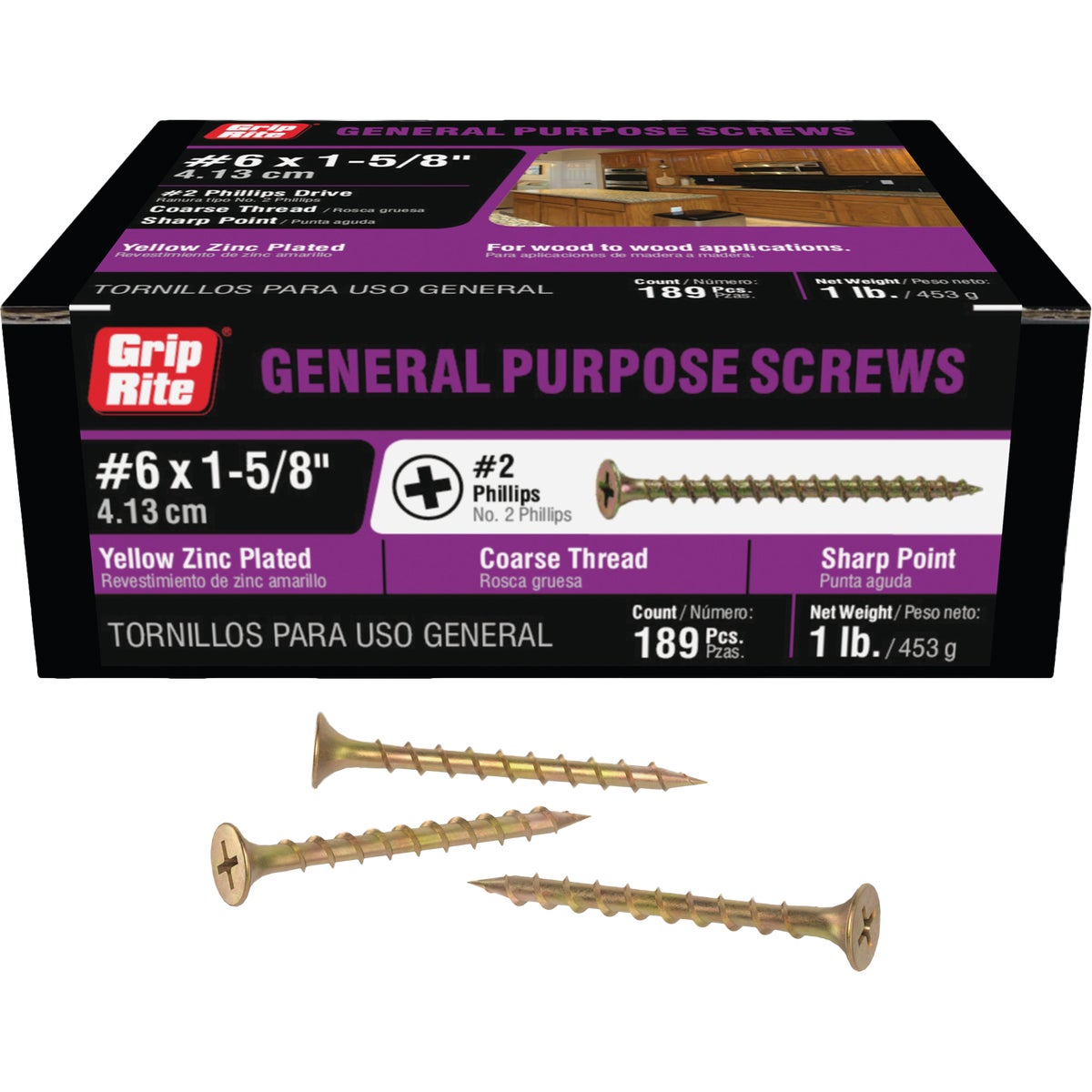 Grip-Rite #6 x 1-5/8 In. Coarse Thread Yellow Zinc Multipurpose Drywall Screw (1 Lb.) Image 1