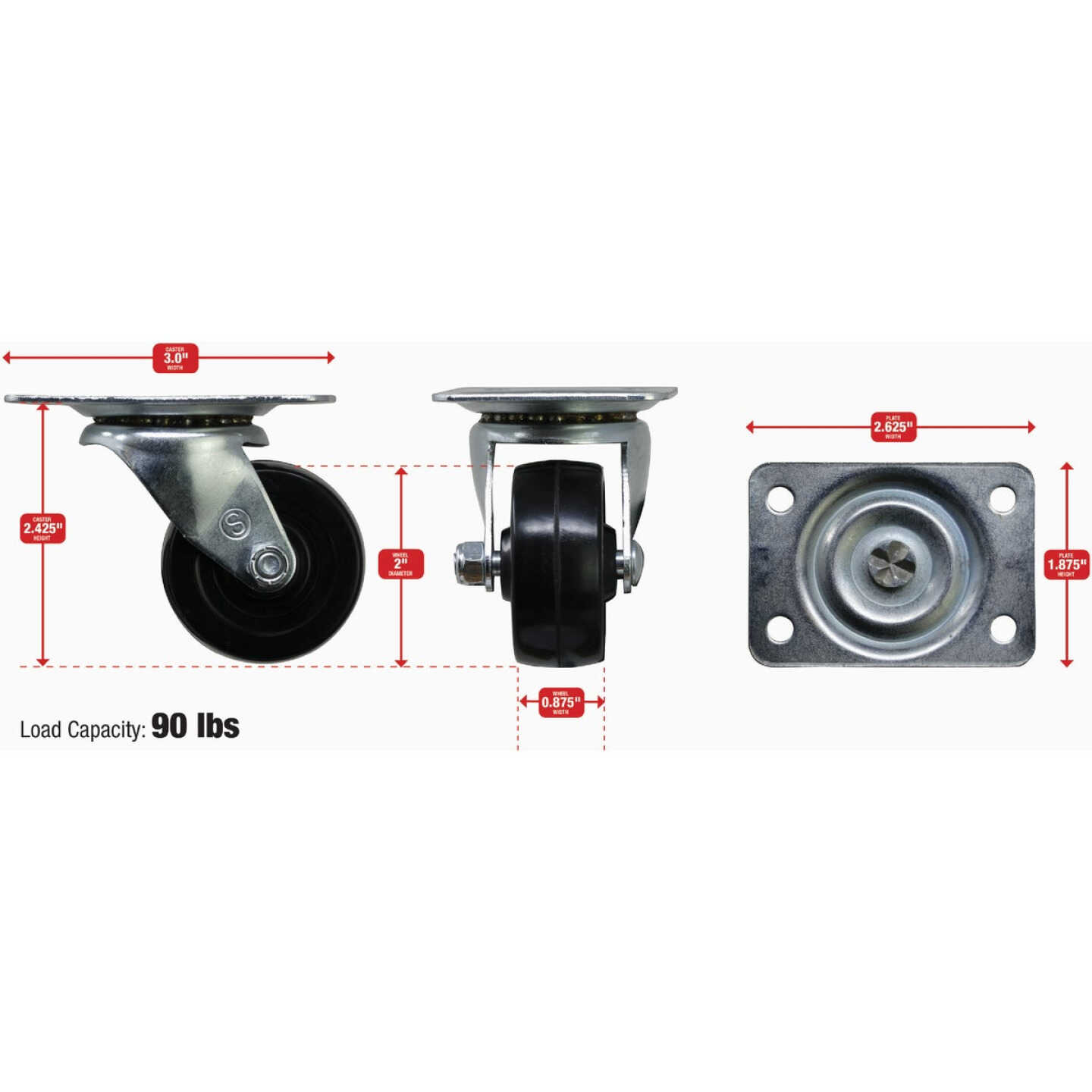 Shepherd Hardware 2 In. General-Duty Soft Rubber Swivel Plate Caster Image 2