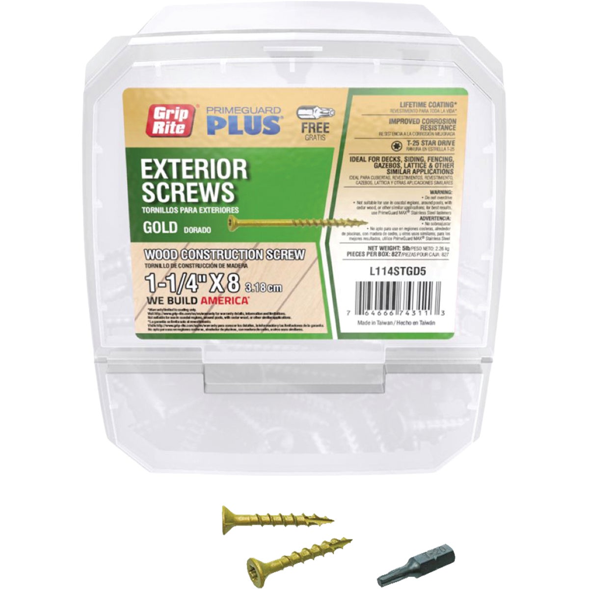 Grip-Rite PrimeGuard Plus 1-1/4 In. x 8 ga T-20 Star Drive Bugle Head Coarse Thread Type 17 Point Gold Exterior Construction Screw (5 Lb.)