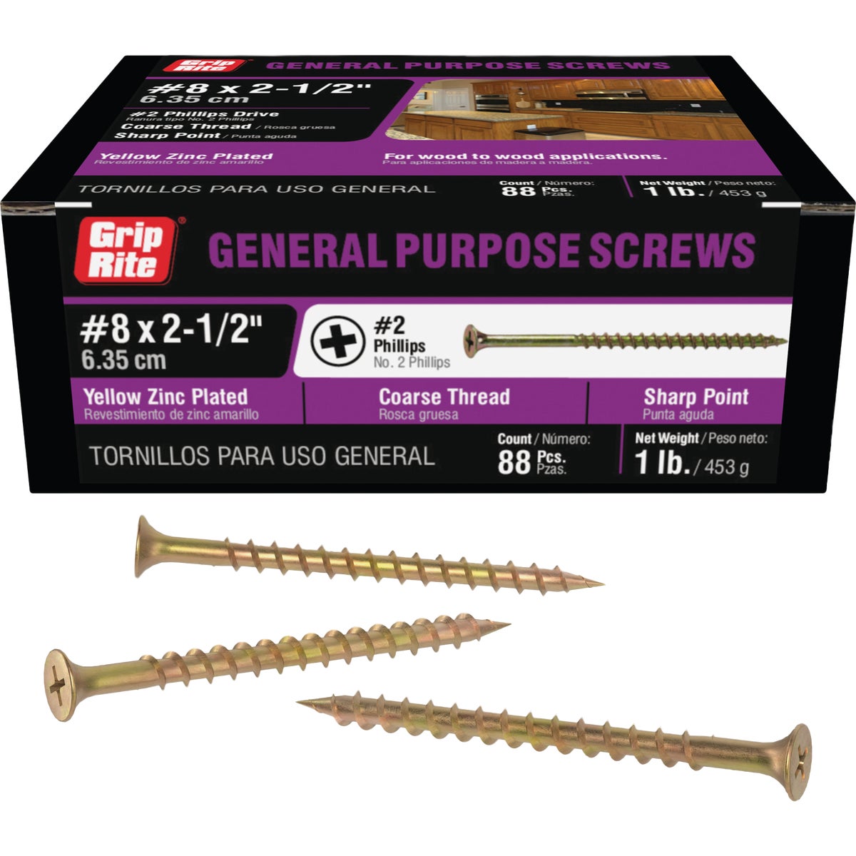 Grip-Rite #8 x 2-1/2 In. Coarse Thread Yellow Zinc Multipurpose Drywall Screw (1 Lb.)