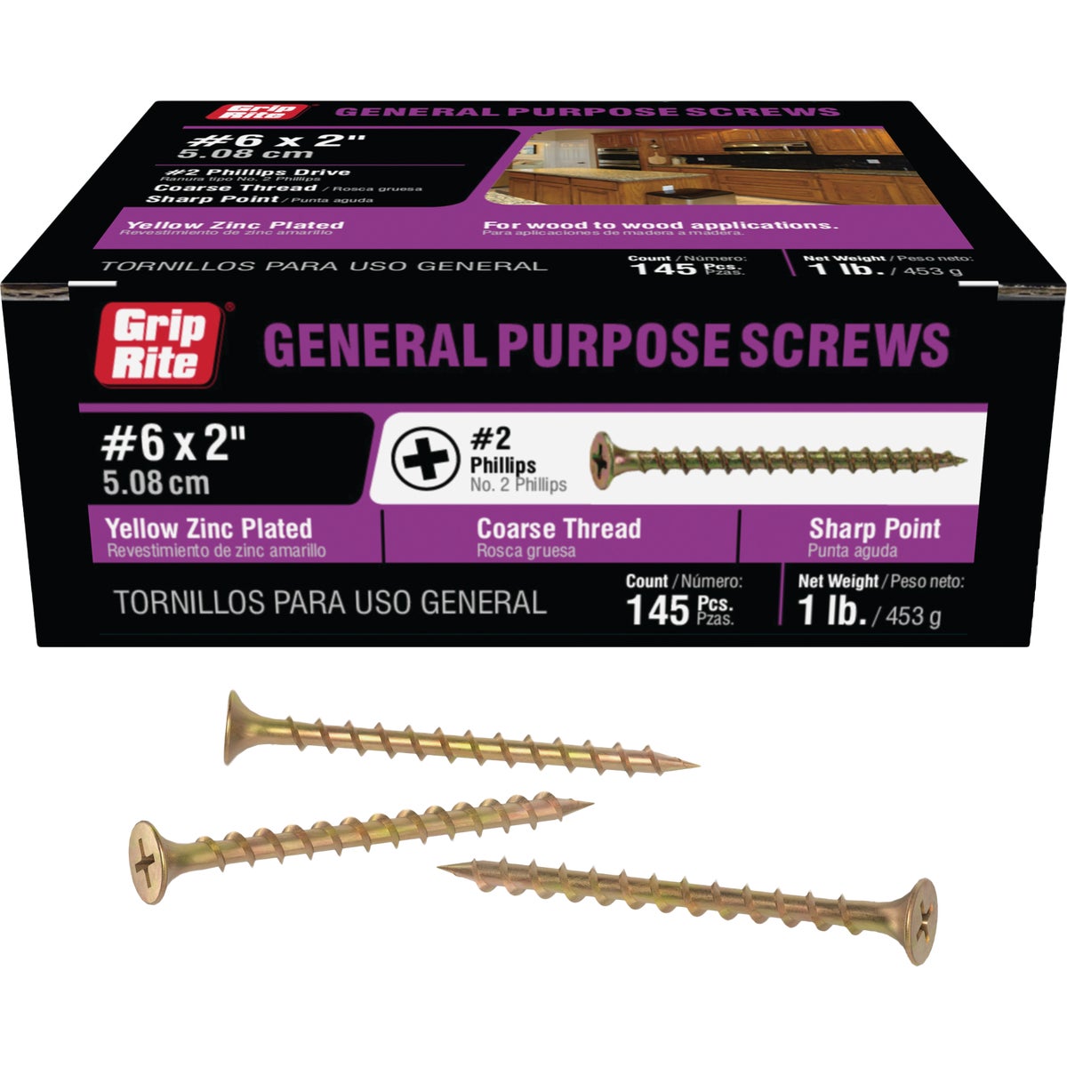 Grip-Rite #6 x 2 In. Coarse Thread Yellow Zinc Multipurpose Drywall Screw (1 Lb.) Image 1