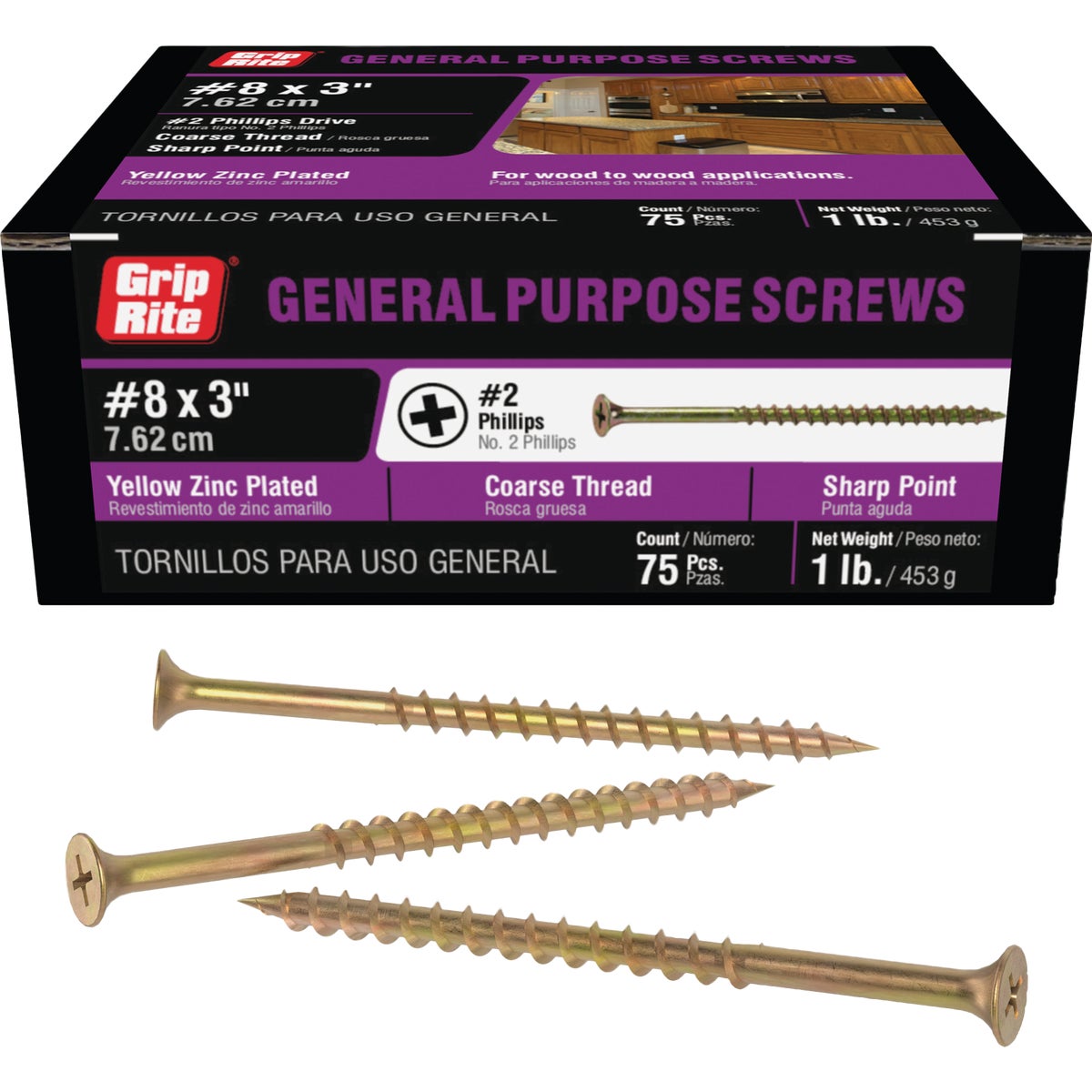 Grip-Rite #8 x 3 In. Coarse Thread Yellow Zinc Multipurpose Drywall Screw (1 Lb.) Image 1