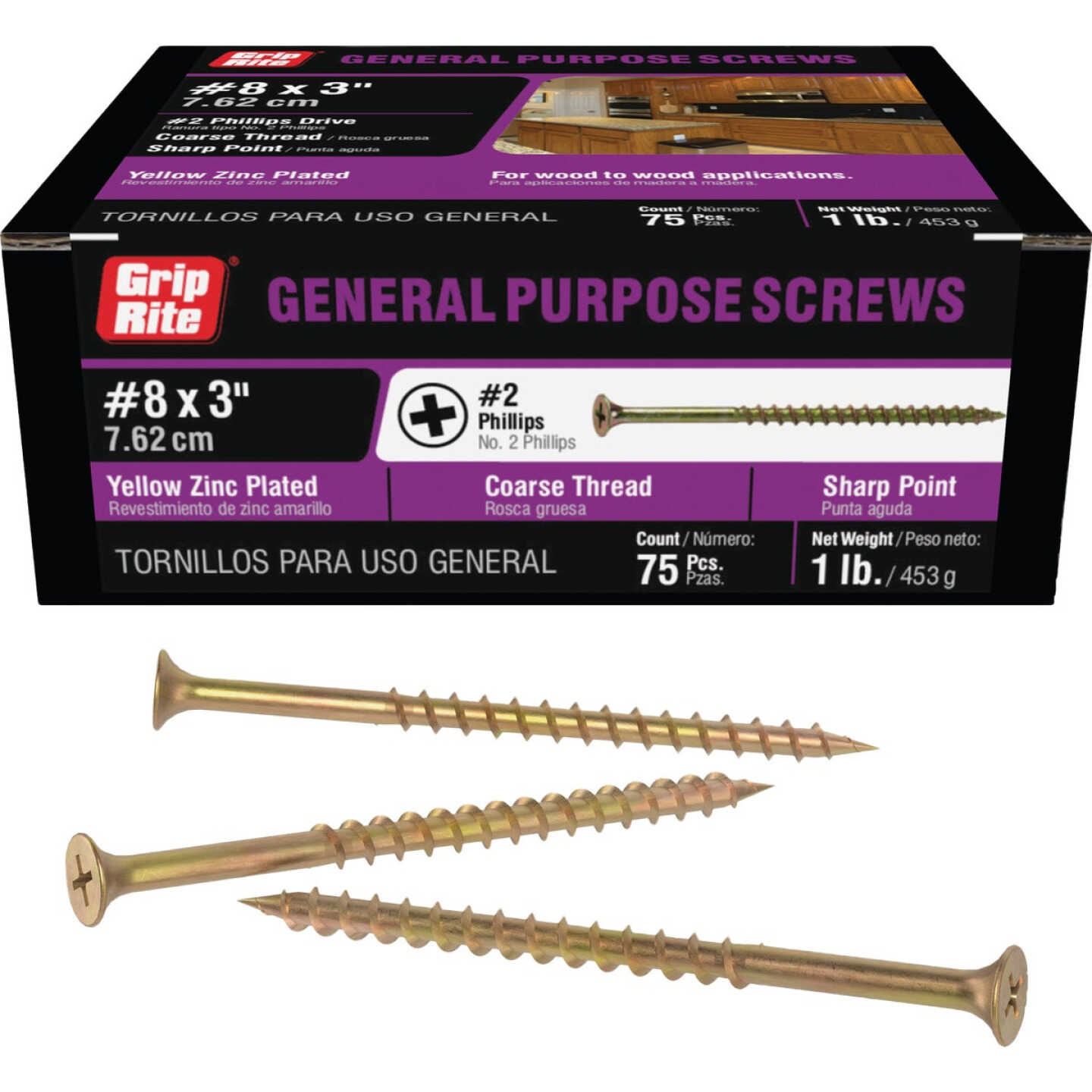 Grip-Rite #8 x 3 In. Coarse Thread Yellow Zinc Multipurpose Drywall Screw (1 Lb.) Image 1