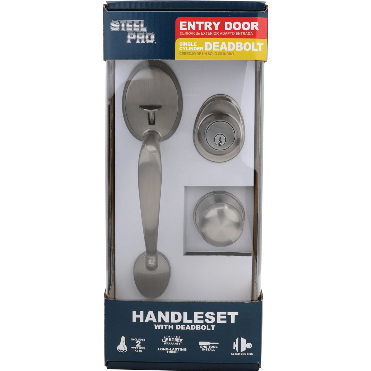 Steel Pro Brushed Nickel Entry Door Handleset with Half Round Interior Knob Image 3