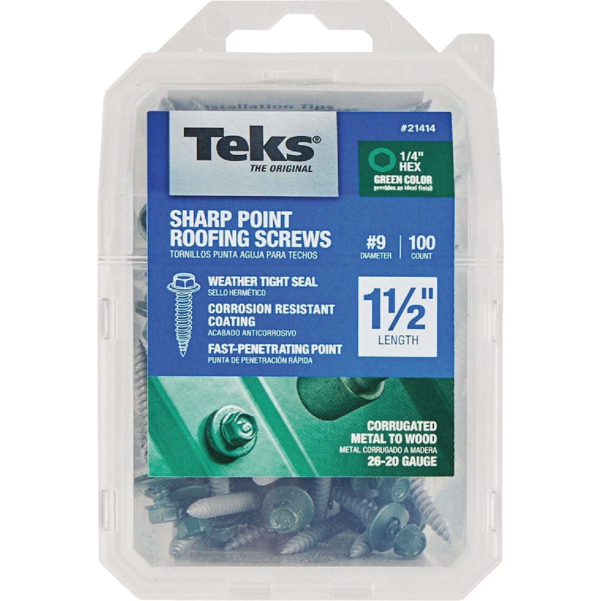 Teks #9 x 1-1/2 In. Hex Washer Head Sharp Point Metal to Wood Green Roofing Screw (100-Count) Image 1