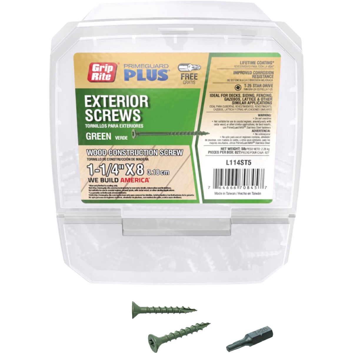 Grip-Rite PrimeGuard Plus 1-1/4 In. x 8 ga T-20 Star Drive Bugle Head Coarse Thread Type 17 Point Green Exterior Construction Screw (5 Lb.)