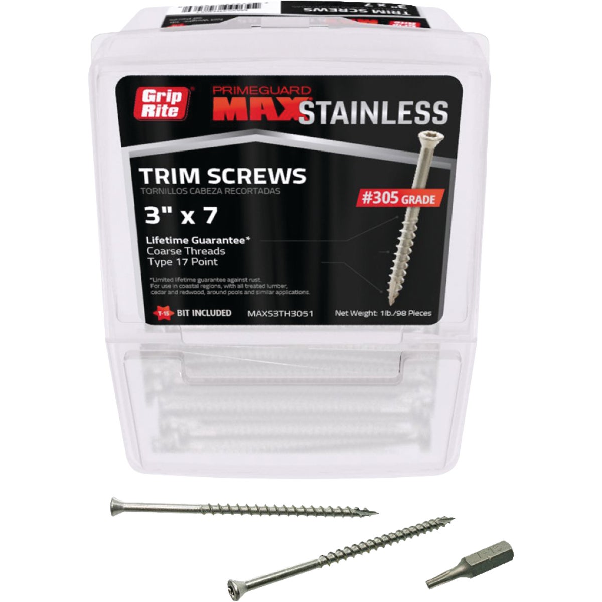 Grip-Rite PrimeGuard MAX 3 In. x 7 ga Star Drive Trim Head Coarse Thread Type 17 Point #305 Stainless Steel Exterior Screw (98-Count)