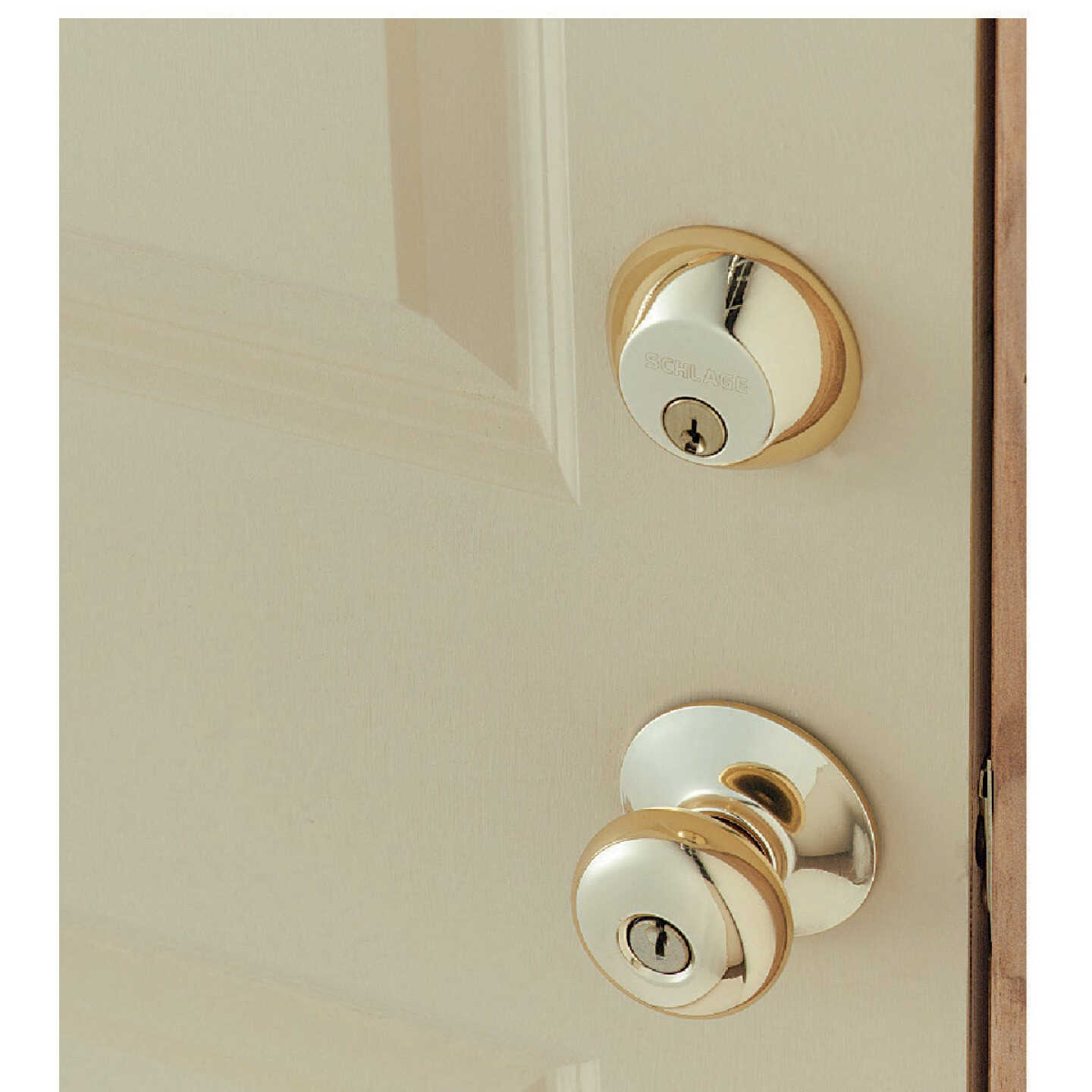 Schlage Bright Brass Single Cylinder Deadbolt & Plymouth Keyed Entry Knob Image 2