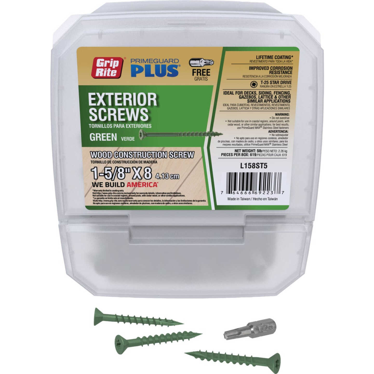 Grip-Rite PrimeGuard Plus 1-5/8 In. x 8 ga Star Drive Green Self-Drilling Exterior Screw (5 Lb.) Image 1