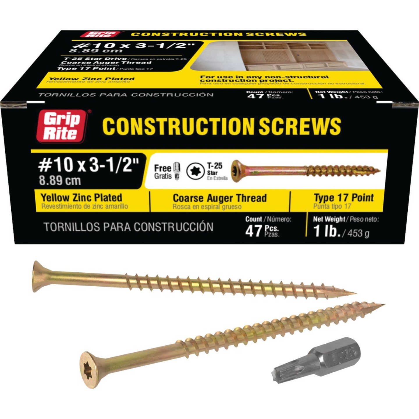Grip-Rite 3-1/2 In. x 10 ga Star Drive Dual Flat Head Coarse Thread Yellow Zinc Coated General Construction Screw (1 Lb.) Image 1