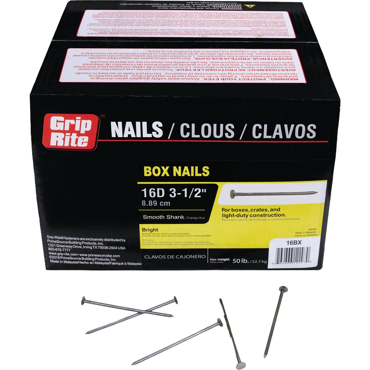 Grip-Rite 3-1/2 In. 16d x 10 ga Smooth Shank Bright Steel Box Nail (50 Lb.)