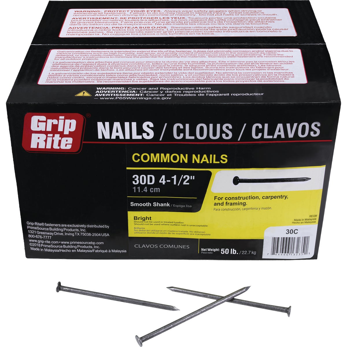 Grip-Rite 4-1/2 In. 30d x 5 ga Smooth Shank Bright Steel Common Nail (50 Lb.)