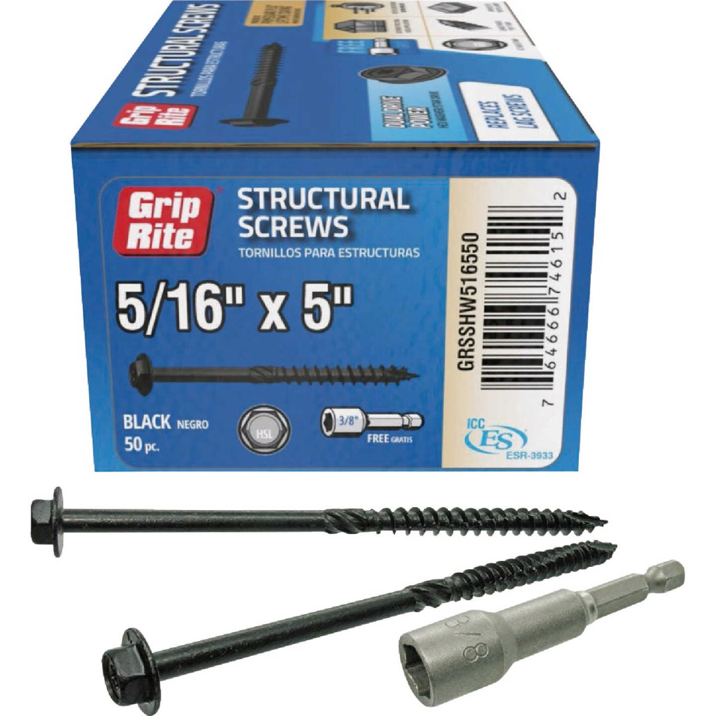 Grip-Rite PrimeGuard Plus 5/16 In. x 5 In. Hex Washer Head Structural Screw (50-Count) Image 1