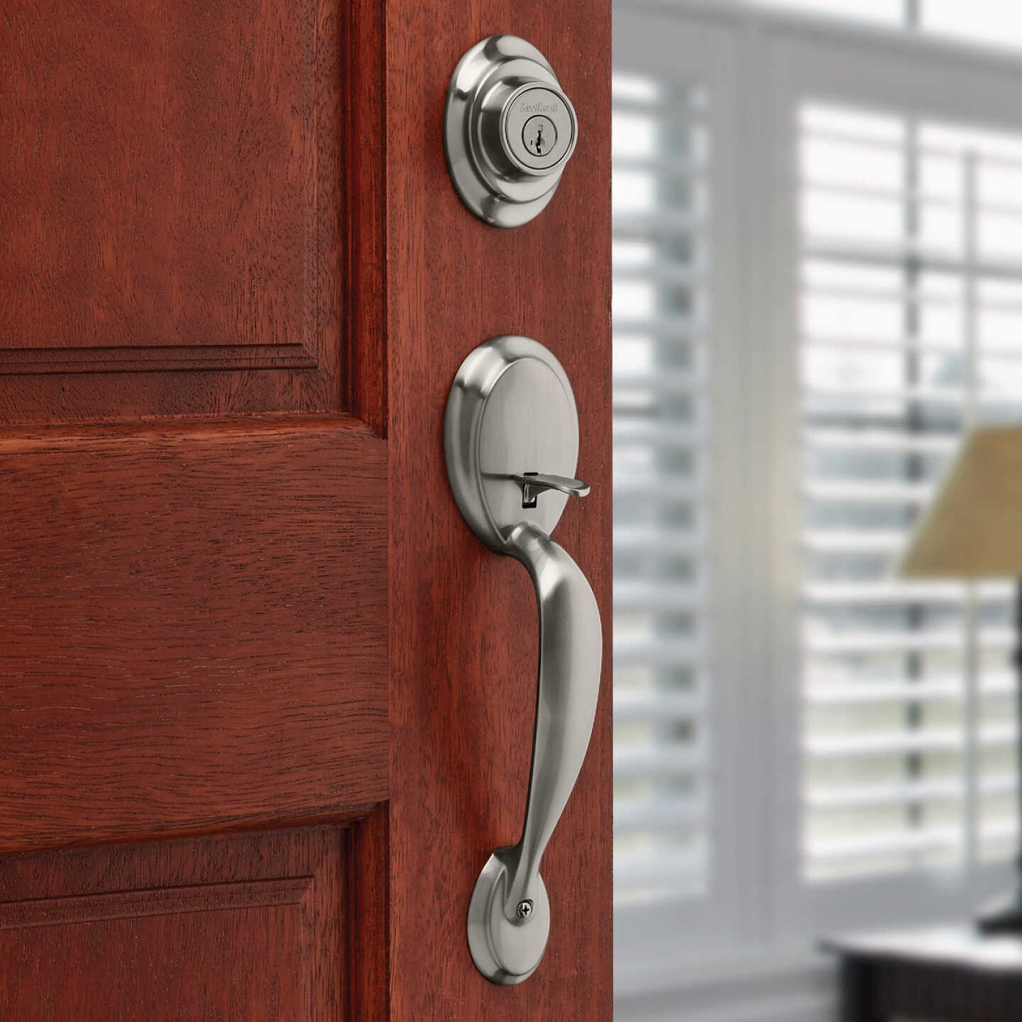 Kwikset SmartKey Satin Nickel Dakota Entry Door Handleset with Polo Knob Image 2