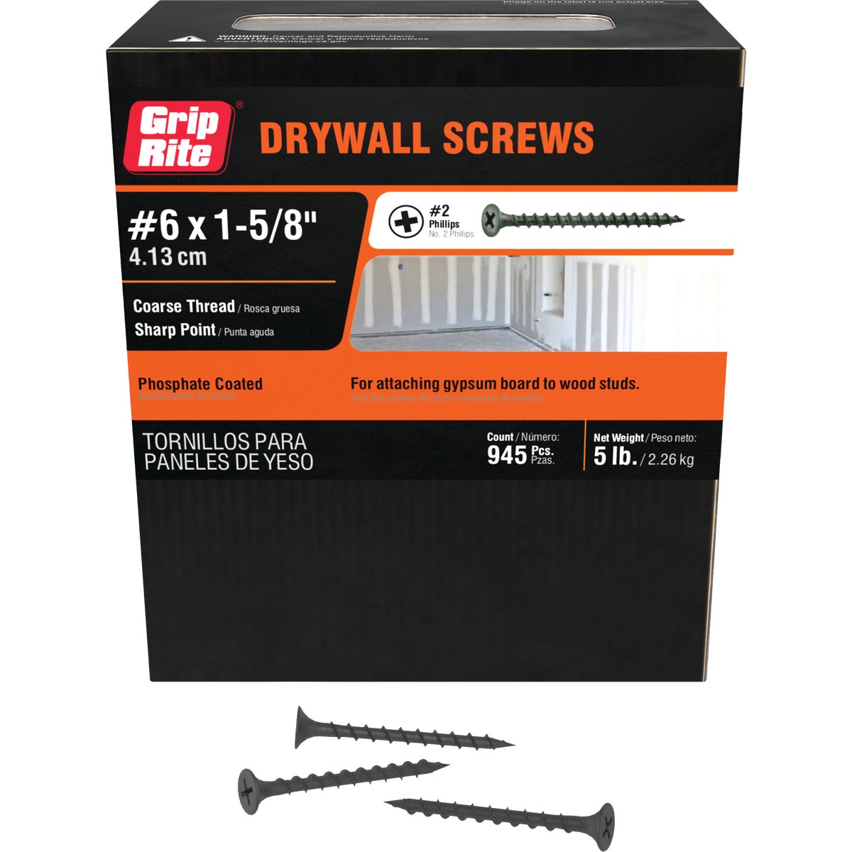 Grip-Rite #6 x 1-5/8 In. Coarse Thread Black Phosphate Drywall Screw (5 Lb.)