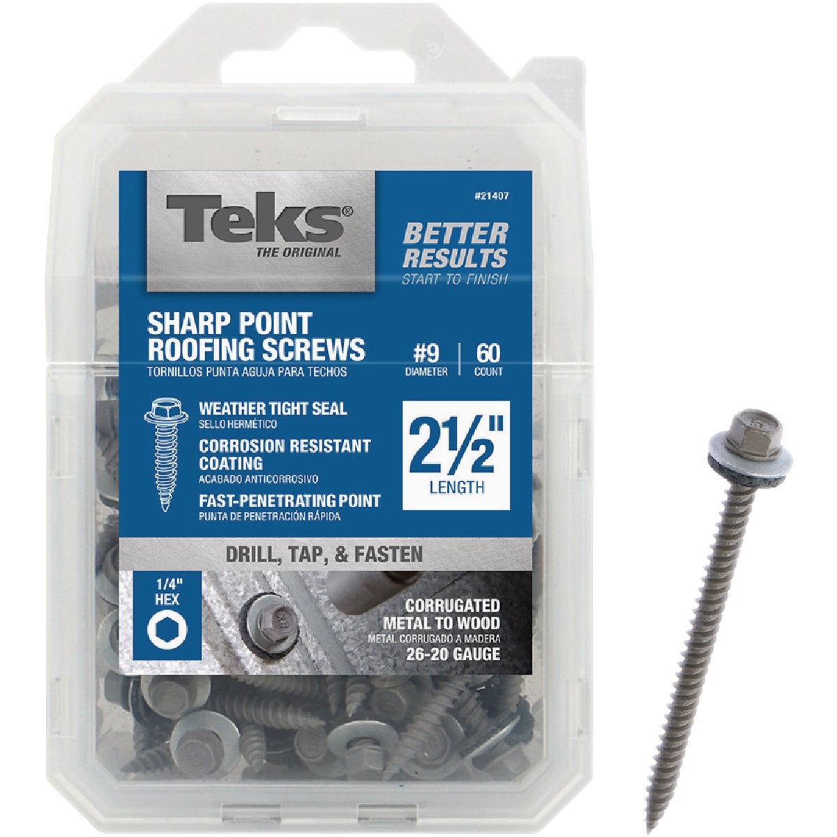 Teks #9 x 2-1/2 In. Hex Washer Head Sharp Point Metal to Wood Roofing Screw (60-Count) Image 1
