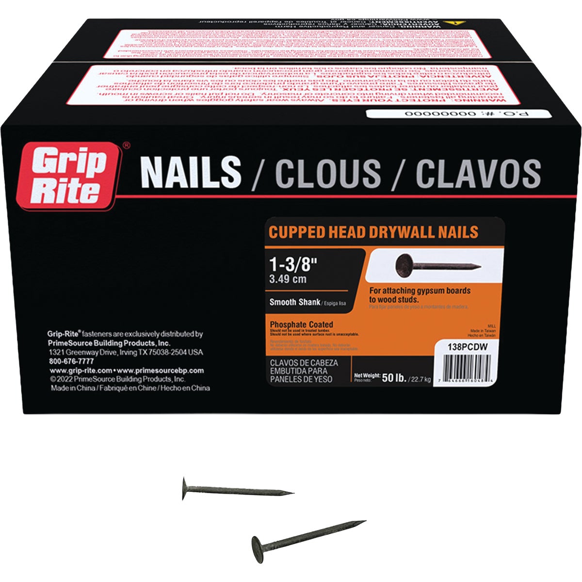 Grip-Rite 1-3/8 In. x 13 ga Smooth Shank Cupped Head Phosphate Coated Drywall Nail  (50 Lb.)