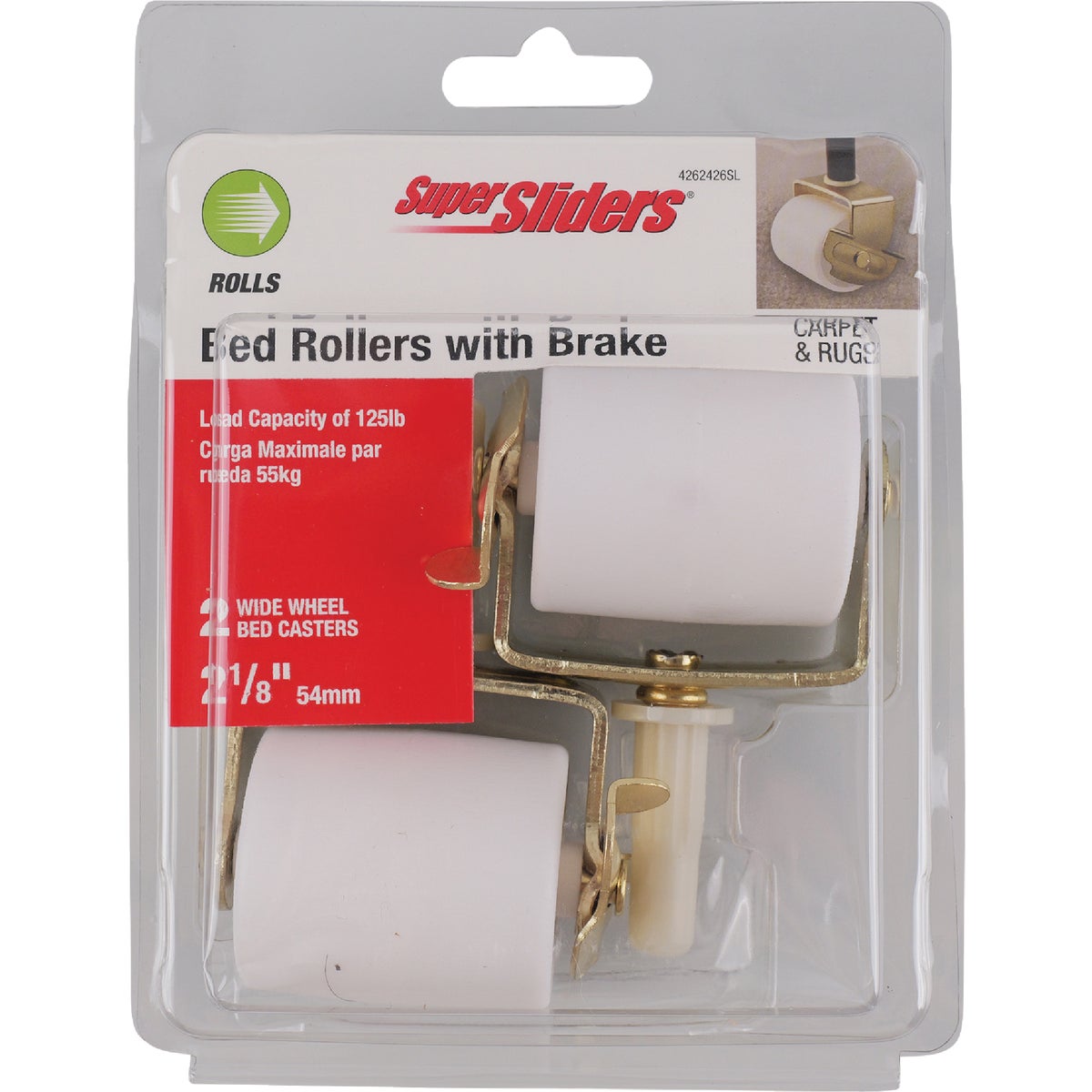 Super Sliders 2-1/8 In. White Bed Rollers with Brake (2-Pack)
