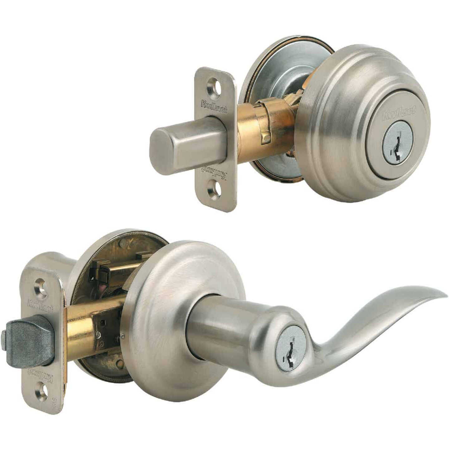 Kwikset Signature Series Satin Nickel Deadbolt and Lever Combo with Smartkey Image 1