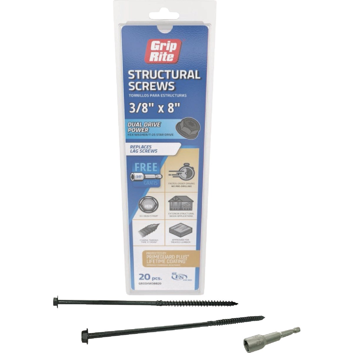 Grip-Rite PrimeGuard Plus 3/8 In. x 8 In. Hex Washer Head Structural Screw (20-Count) Image 1