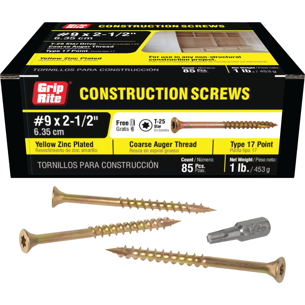 Grip-Rite 2-1/2 In. x 9 ga Star Drive Dual Flat Head Coarse Thread Yellow Zinc Coated General Construction Screw (1 Lb.)