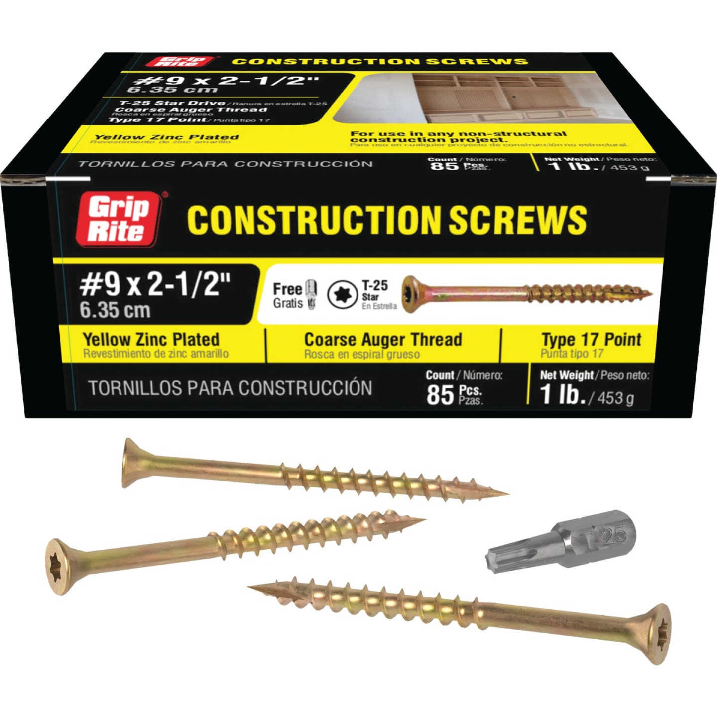 Grip-Rite 2-1/2 In. x 9 ga Star Drive Dual Flat Head Coarse Thread Yellow Zinc Coated General Construction Screw (1 Lb.) Image 1