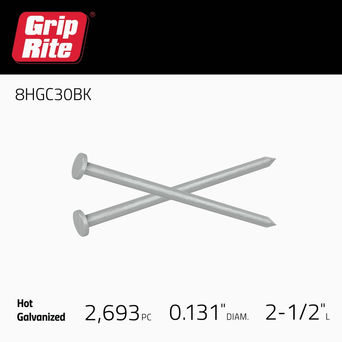Grip-Rite 2-1/2 In. 8d x 10-1/4 ga Smooth Shank Flat Head Hot-Dipped Galvanized Common Nail (30 Lb.)