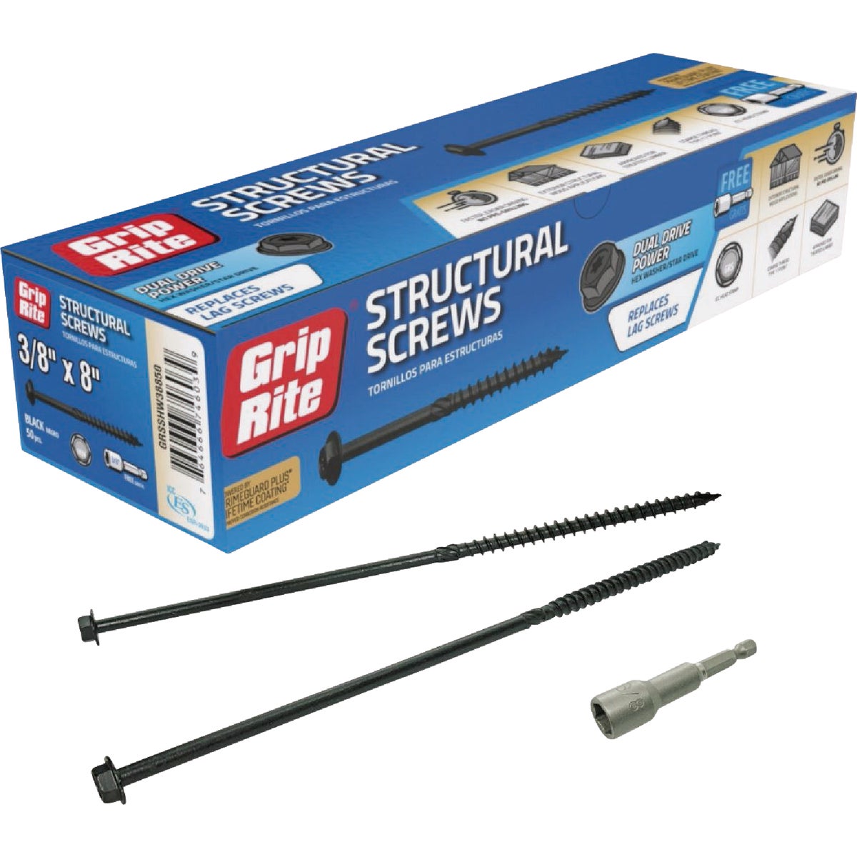 Grip-Rite PrimeGuard Plus 3/8 In. x 8 In. Hex Washer Head Structural Screw (50-Count) Image 1