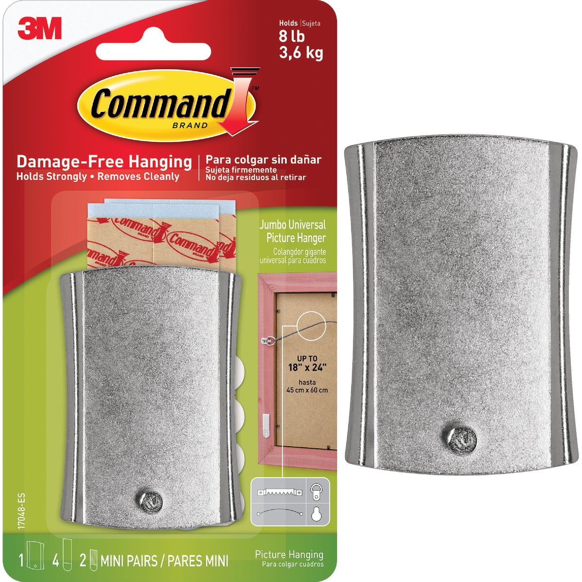 Command Sticky Nail Wire-Backed Hanger, Silver, 1 Hanger, 4 Large Strips, 2 Pairs of Mini Strips Image 1