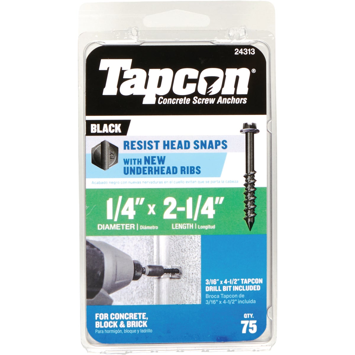 Tapcon 1/4 In. x 2-1/4 In. Hex Washer Head Black Concrete Screw (75-Count)