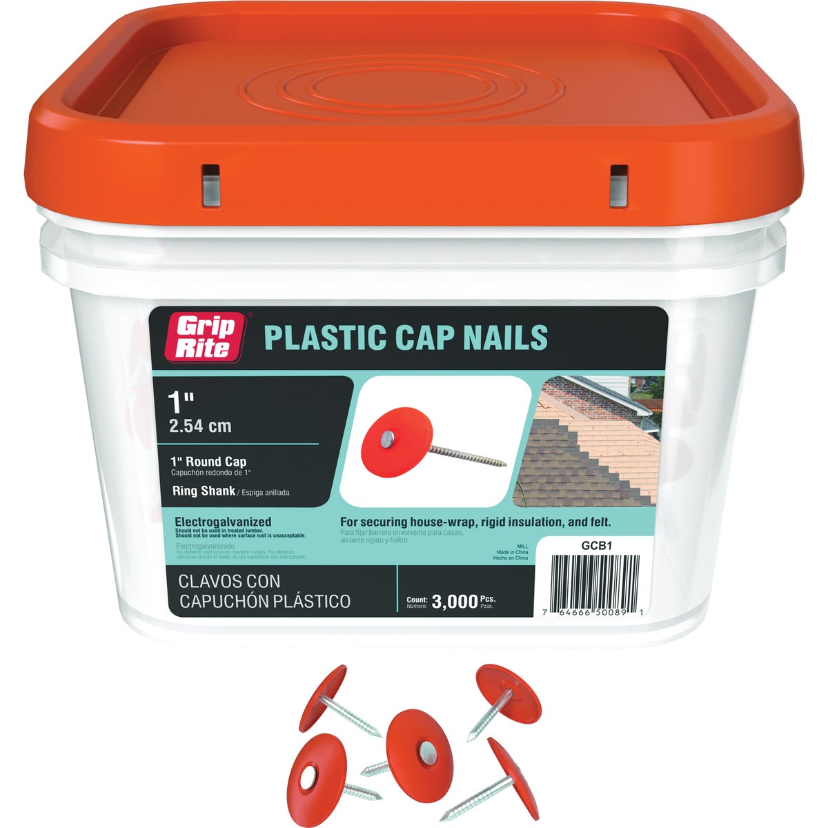 Grip-Rite 1 In. x 12 ga Ring Shank Electrogalvanized Plastic Cap Nail (3000-Count)